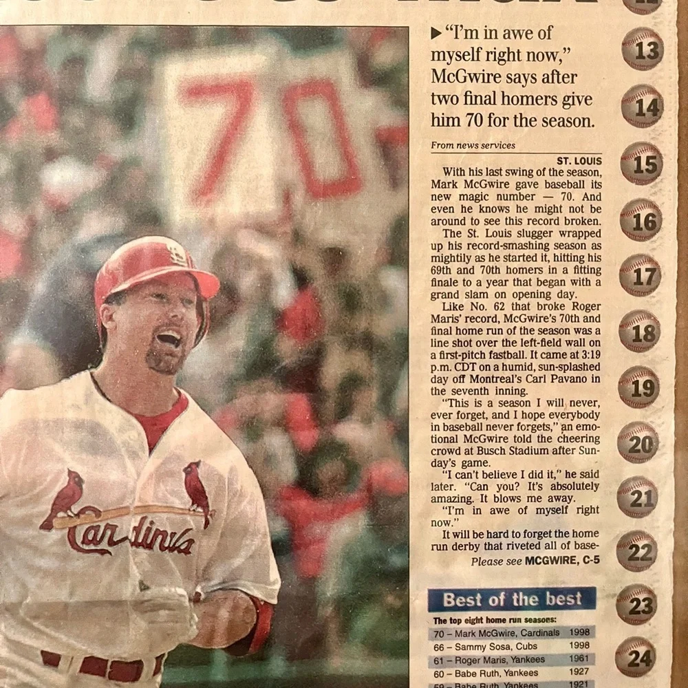 Framed Baseball Newspaper Article in Brown Frame Mark McGuire 13/16 inch